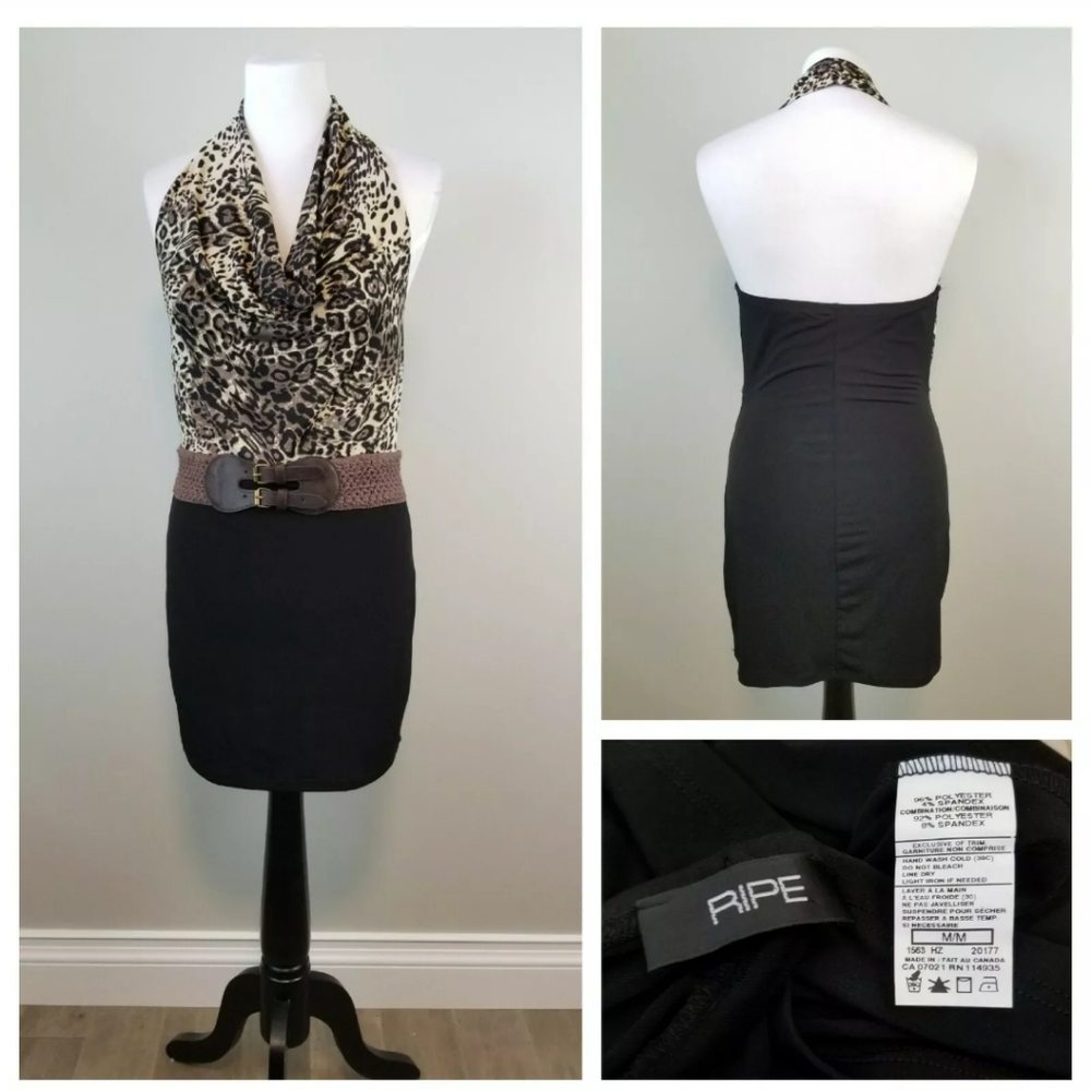 Ripe M Leopard Belted Draped Halter Mini Dress